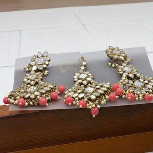 Pakistan Bridal Wedding Wear Peach Pink Kundan Earrings with Maang Tikka